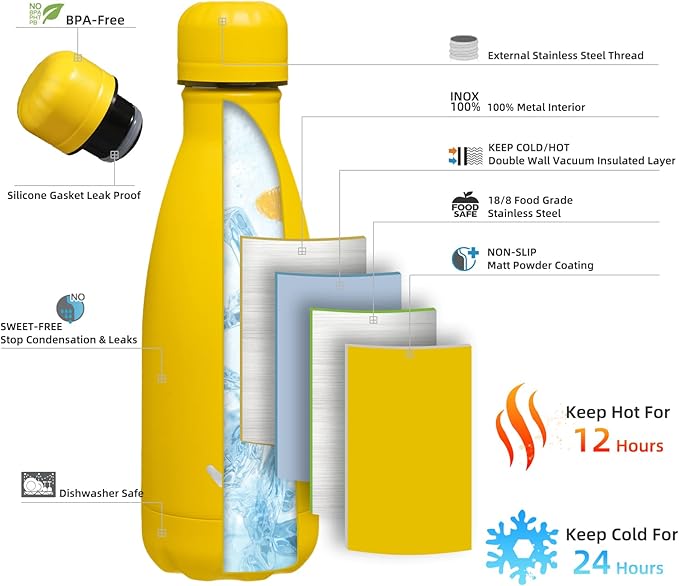 Insulated Water Bottles,12 oz Double Wall Stainless Steel Vacumm Metal Flask for Sports Travel,Yellow