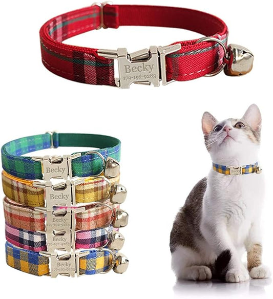 Personalized Cat Collar with Name Plate,Adjustable Tough Nylon Cat ID Collars with Bell,Customize Engraved Pet Name and Phone Number (Plaid Style A)