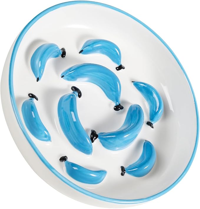 Ceramic Cat Slow Feeder Bowl - Vibrant Cat Feeding Bowl - Cute Maze Food Dish for Slow Eating - Dishwasher Safe - 6.3''W x 1.2''H - 7 OZ - Blue