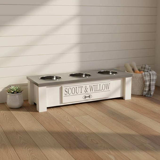 GrooveThis Woodshop - Personalized Elevated Triple Dog Bowl Stand for Large, Medium, Small, X-Small Dogs - 3 Stainless Steel Food and Water Bowls - Raised Dog Dish with Internal Storage (Small, Grey)
