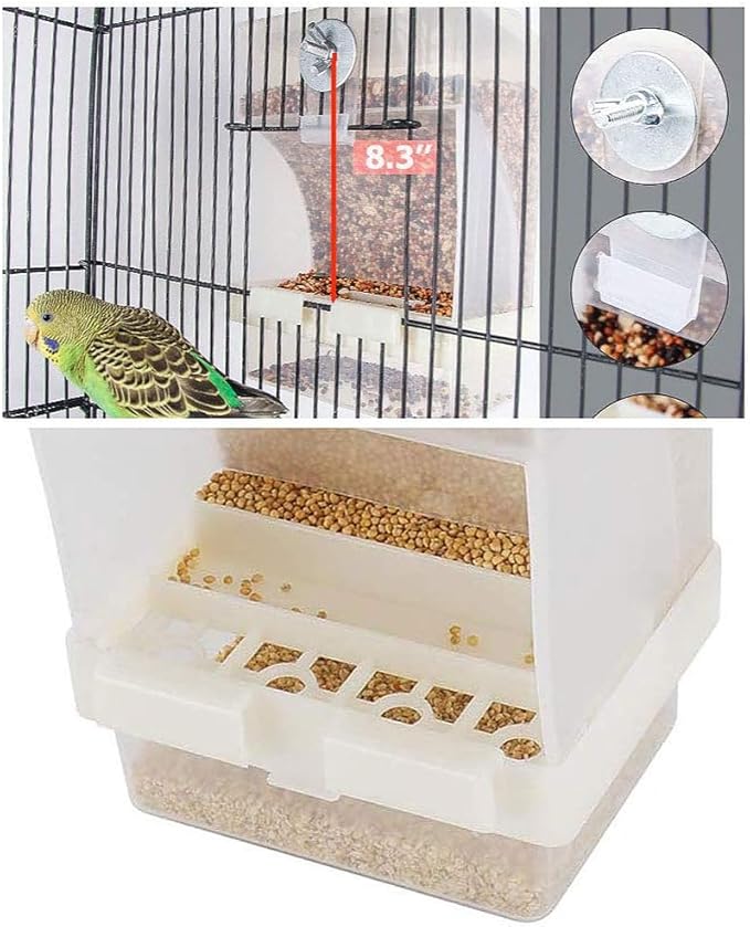 No Mess Bird Feeder, Automatic Acrylic Seed Catcher with Perch, Clear Food Container for Cage, Fits Parakeet, Cockatiel, Canary, Finch, Budgie, Lovebird (2 Pack)