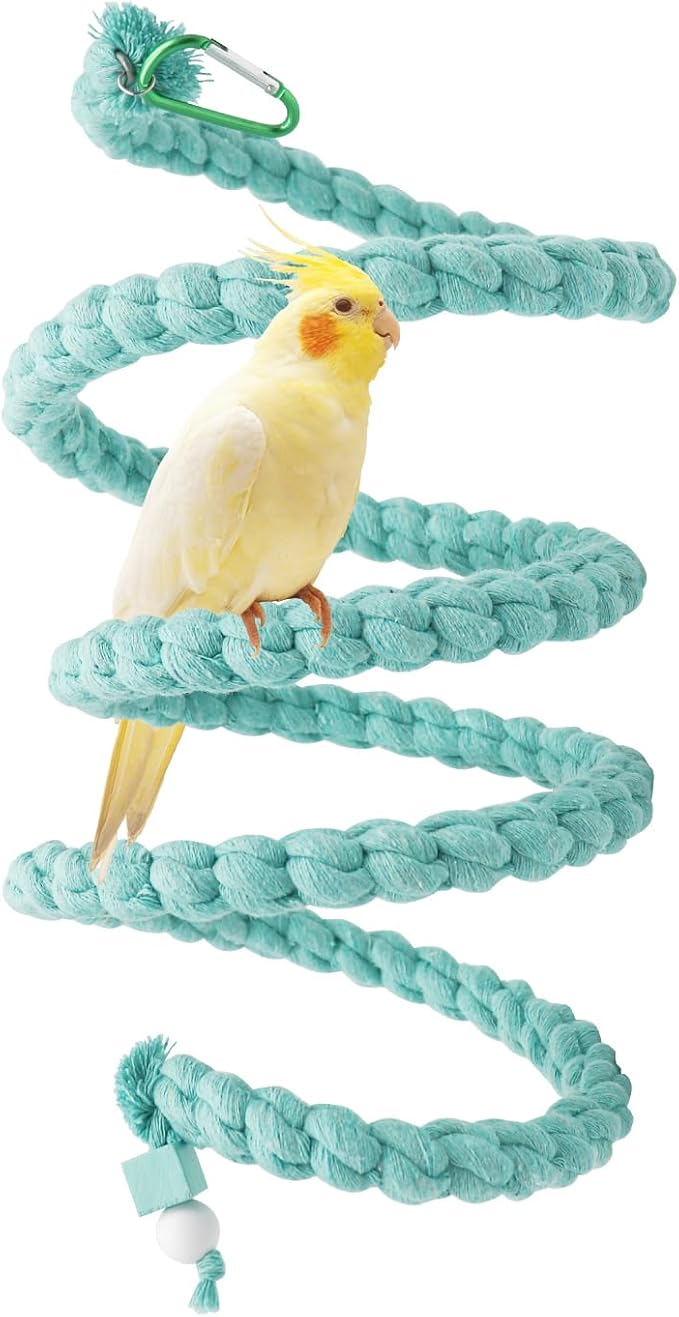 Bird Cage Accessories: Hanging Spiral Bird Rope Perch with Metal Hook, for Budgie, Lovebird, Parakeet, Cockatiel, Conure, Quaker, Caique, Small to Medium Birds