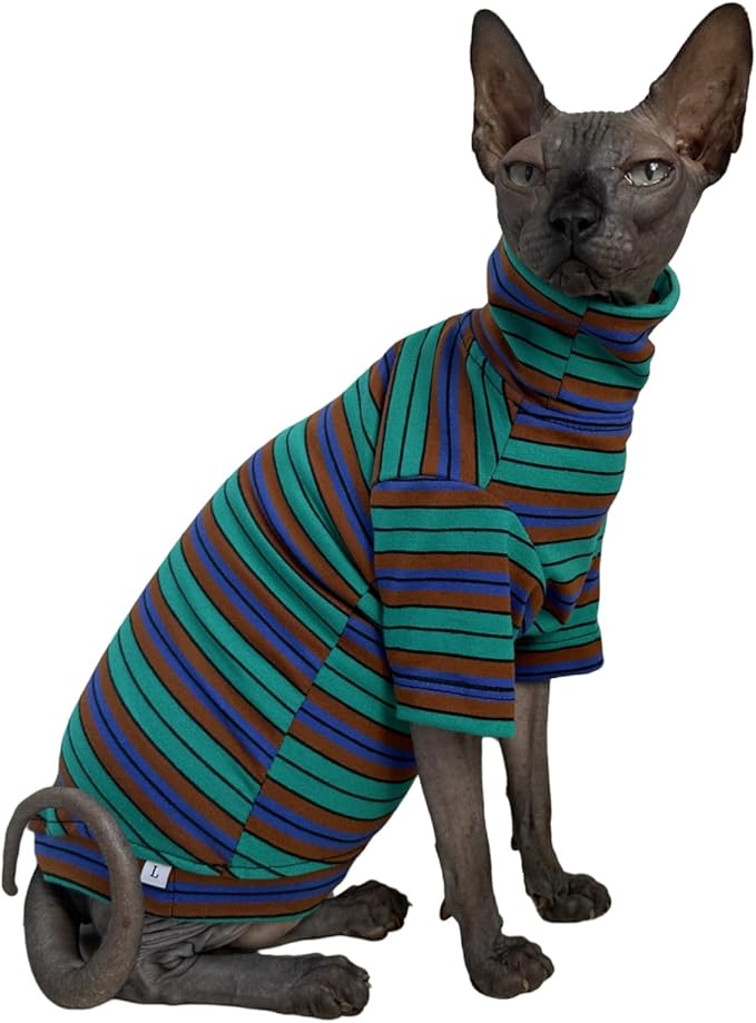Vintage Stripes Sphynx Hairless Cats Shirt Cotton Cat Turtleneck Pet Clothes Kitten T-Shirts with Sleeves for Sphynx Cornish Rex, Devon Rex, Peterbald (Green Stripe, Small (Pack of 1))