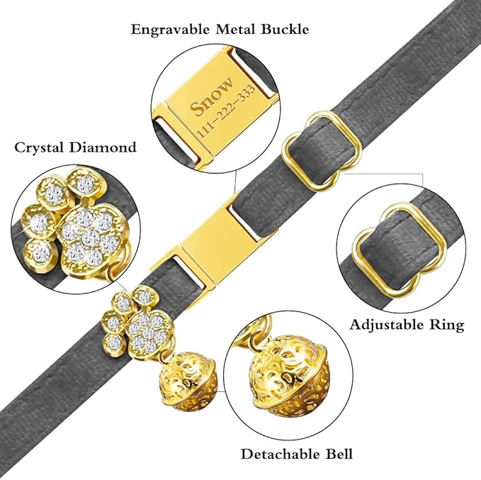 Personalized Breakaway Cat Collars - Magnetic Buckle, Bell - Safety Quick Release, Customized for Girls & Boys Cats- (Velvet-Grey)