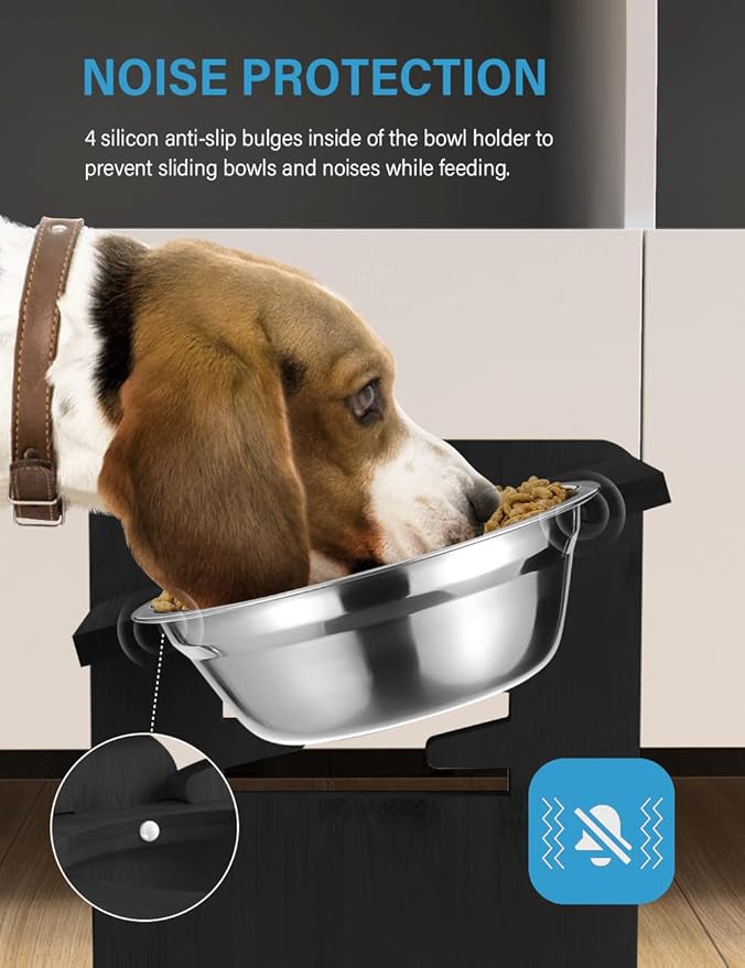 Vantic Elevated Dog Bowls, Adjustable Raised Dog Bowl Stand for Small Puppy and Cats, Sturdy Bamboo Pet Food Feeder with 2 Stainless Steel Dishes, Black