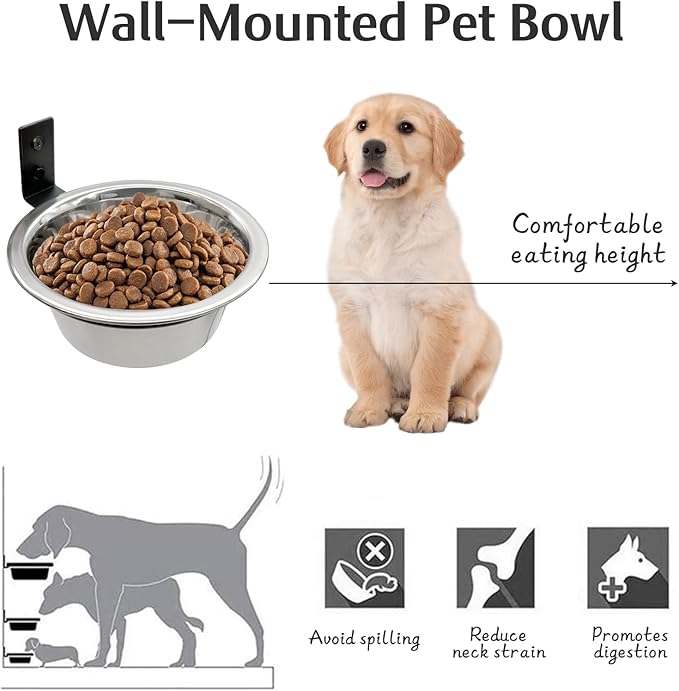 Hamiledyi 2 Pack Wall Mounted Elevated Dog Bowls - Adjustable Height Stainless Steel Raised Food & Water Bowls with Collapsible Stand for Medium & Large Dogs & Cats (M)