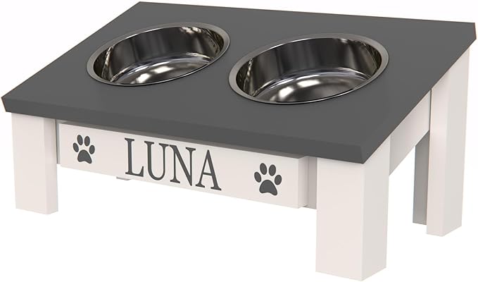 GrooveThis Woodshop Luxury Pet Feeder - Elevated Stand with Stainless Steel Bowls for Small Dogs & Cats, Anti-Slip, Easy Clean, Chic & Durable Design (Tilted, Grey)