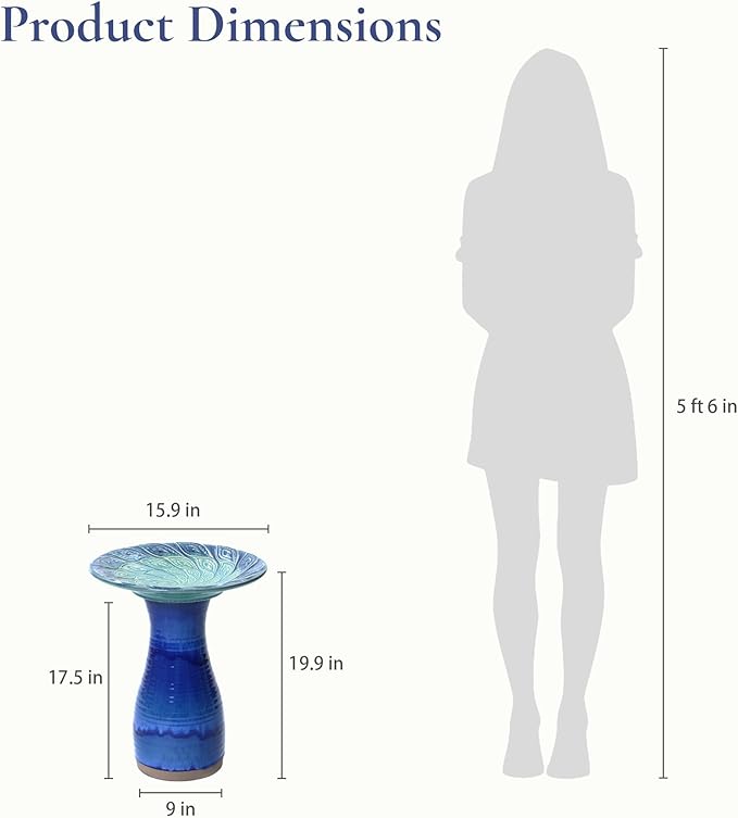 LuxenHome 20 Inch Ceramic Bird Bath for Outside, Elegant Tall Outdoor Bird Bath, Lightweight Pedestal Glazed Birdbaths for Outdoors with Leaf Pattern, Deep Cobalt Blue