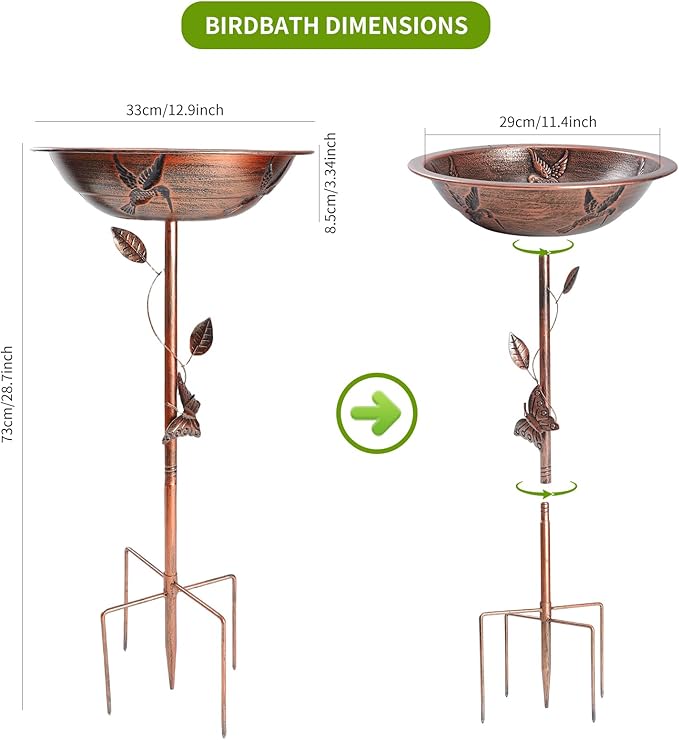 Metal Bird Bath Feeder for Outdoors,3.34" Deep Birdbaths Bowl with Stable Upgrades Stake 5-Pronged Base,Easy Clean Birdfeeders for Garden Yard Lawn Decor(Red Bronze)