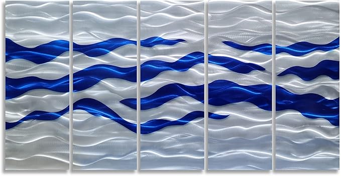 SYGALLERIER Abstract Coastal Metal Wall Art Handcrafted Big 3D Blue and Silver Artwork Modern Sea Waves Pictures Contemporary Sculpture for Living Room Bedroom Bathroom Decor