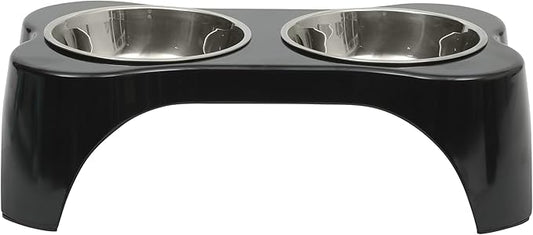 Gibson Home Bow Wow Meow 3-Piece Elevated Dog Bowl Set – Bone-Shaped Raised Feeder with 2 Stainless Steel Bowls for Medium to Large Dogs, Non-Slip, Easy to Clean, Black
