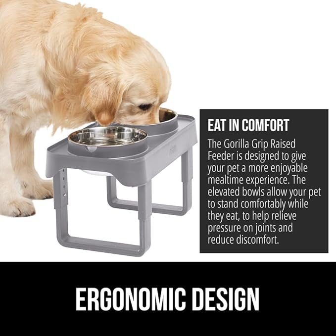 GORILLA GRIP Elevated Dog Bowls Stand, 6 Cup Stainless Steel Food Bowl Set of 2, 5 Height Adjustable Raised Feeding Station for Small Breed Puppy Dogs and Cats, Medium, Large Sized Pets Feeder, Gray