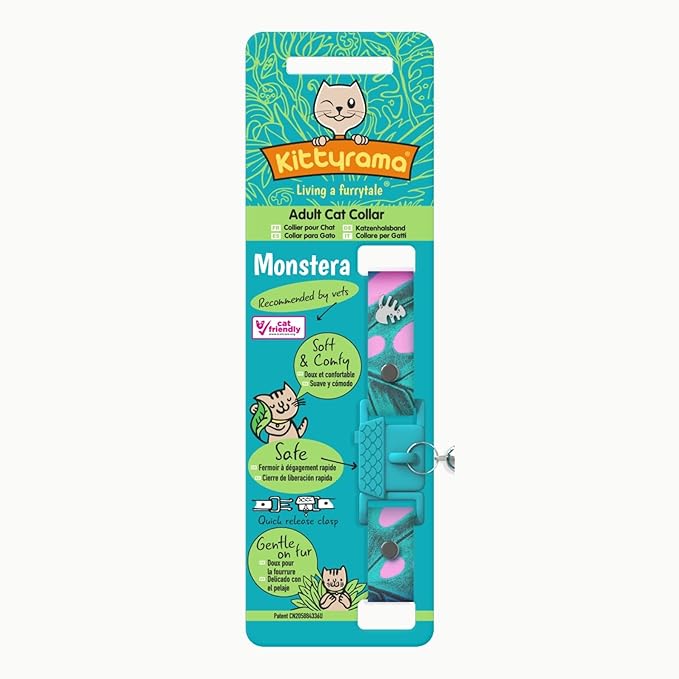 Kittyrama Botanicals Monstera Cat Collar. Award Winning. Hypoallergenic, Quick Release Breakaway, Comfy & Soft. Vet Approved. Other Styles Available