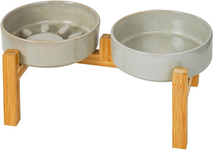 Elevated Slow Feeder Ceramic Dog Bowls Set for Meduim Size, Raised 2.7" Height, Cute Paw Slow Feeding Food Bowl and Water Bowl with Stand for Medium Breed, Size 6.3" Dx2 H, Non Slip, Grey