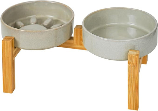 Elevated Slow Feeder Ceramic Dog Bowls Set for Meduim Size, Raised 2.7" Height, Cute Paw Slow Feeding Food Bowl and Water Bowl with Stand for Medium Breed, Size 6.3" Dx2 H, Non Slip, Grey
