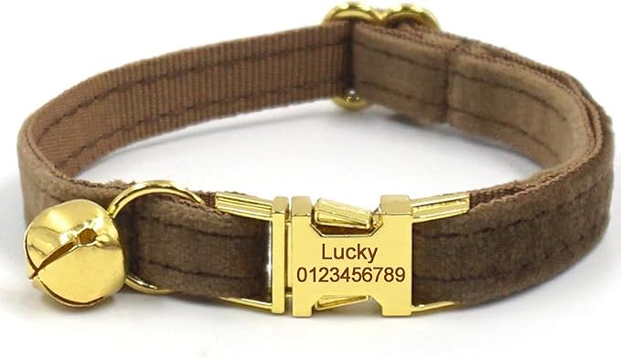 Personalized Cat Collar with Bells,Velvet Customized Small Cat Collar with Name Tag,Pet Collar with Name Phone Number Engraved ID Tags for Boy and Girl Kitten Cats (Brown)