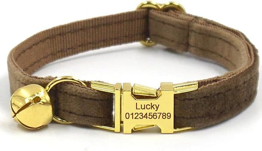 Personalized Cat Collar with Bells,Velvet Customized Small Cat Collar with Name Tag,Pet Collar with Name Phone Number Engraved ID Tags for Boy and Girl Kitten Cats (Brown)