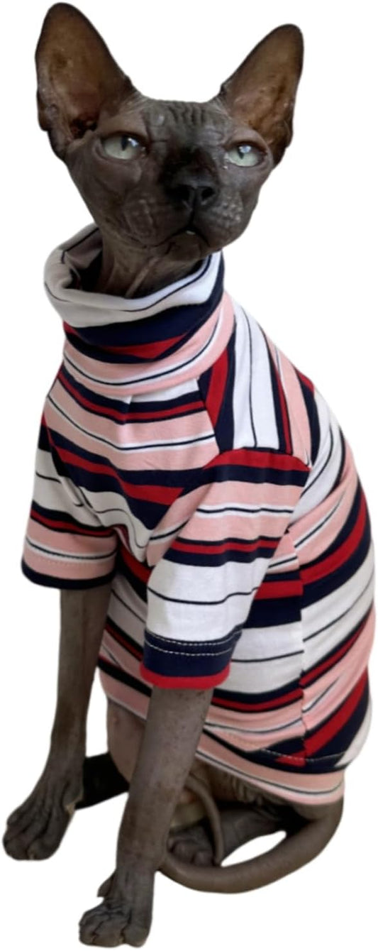 Vintage Stripes Sphynx Hairless Cats Shirt Cotton Cat Turtleneck Pet Clothes Kitten T-Shirts with Sleeves for Sphynx Cornish Rex, Devon Rex, Peterbald (Gentlemen, X-Large (Pack of 1))