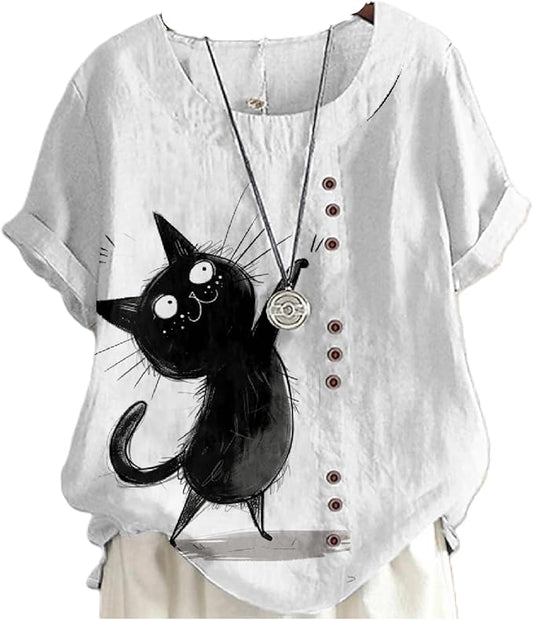 Japanese Print Women Summer Shirts Flower Bird Graphic Plus Size Tunic Tops Crewneck Short Sleeve Blouses