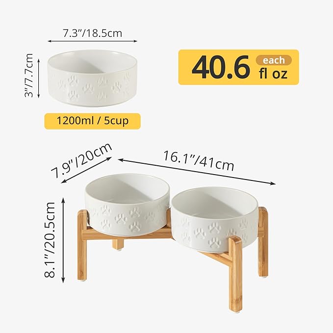 Elevated Ceramic Dog Bowls, 7.3" Dog Dishes with Stand, 5 Cup Elevated Food & Water Bowls for Medium Sized Dogs, Microwave Safe (Double Bowls + Stand - White, 7.3 inch)