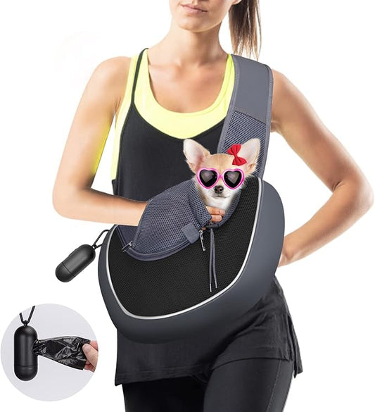Nobleza Dog Sling Carrier, Mesh Adjustable Pet Sling Puppy Sling Carrier for Small Medium Dog Cat Rabbit (L (up to 10 lbs), Gray Black)