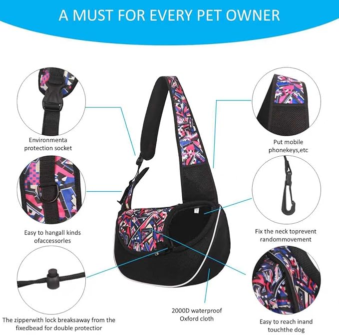 Pet Sling Carrier for Small Dogs & Cats, Mesh Travel Shoulder Bag, 10 lb Capacity, Adjustable Strap, Black with Geometric Pattern (Red camo, Small)