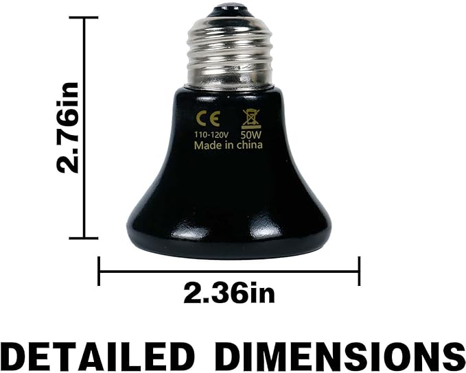 50W Reptile Heat Lamp(2-Pack) Ceramic Heat Emitter- Non-Light Emitting, 24/7 Safe Heating for Terrariums, Brooders & Incubators-Turtle Lizard Bearded Dragon Snake Small Pets E26