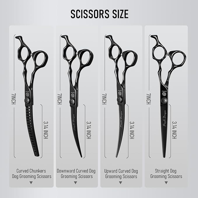 Purple Dragon Dog Grooming Scissors Set - Curved Chunkers, Straight, Up & Down Curved Scissors and Comb, 7 Inch Black Shears with Adjustable Screw for Dogs and Cats