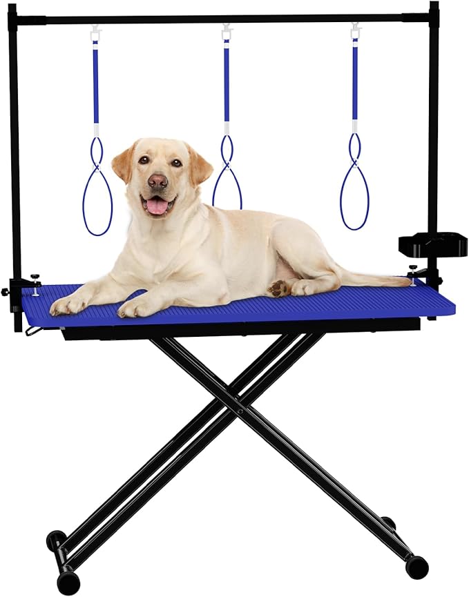 VFK 47'' Large Dog Grooming Table X-Lift Foldable Grooming Table for Dogs at Home Adjustable Height Arms Pet Station with Nooses, Mesh Tray, Tool Organizer