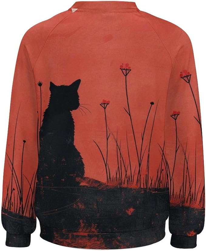Long Sleeve Shirts for Women Cat Oil Painting Shirt 3D Graphic Sweatshirts Fall Pullover Crewneck Vintage Boho Tops