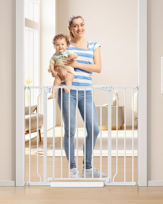 34" Extra Tall Baby Gate for Stairs, Auto Close Stroller Friendly Dog Gate Indoor for Doorways, Pressure Mounted 29"-40" W Baby Gate, Easy Walk Through Gate for Children & Pets, White