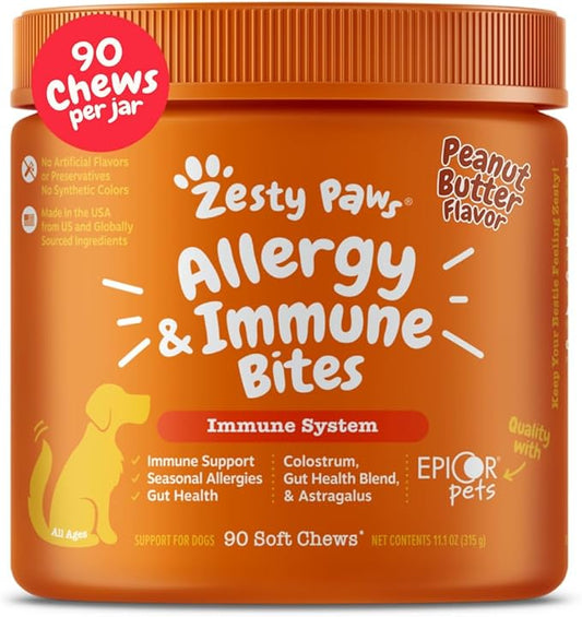 Zesty Paws Dog Allergy Relief- Dog Itching Skin Relief- Dog Probiotics for Itchy Skin and Itchy Ears- Dog Allergy Paw Relief- Dog Allergy Chews- Dog Itch Relief - Dog Skin Allergy Relief - PB - 90ct
