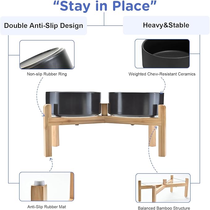 SPUNKYJUNKY Elevated Dog Bowls Ceramic, 7.3'' Dogs Food Water Bowls Raised with Non-Slip Bamboo Stand for Medium to Large Sized Breed Microwave Dishwasher Safe - 42 OZ,Black