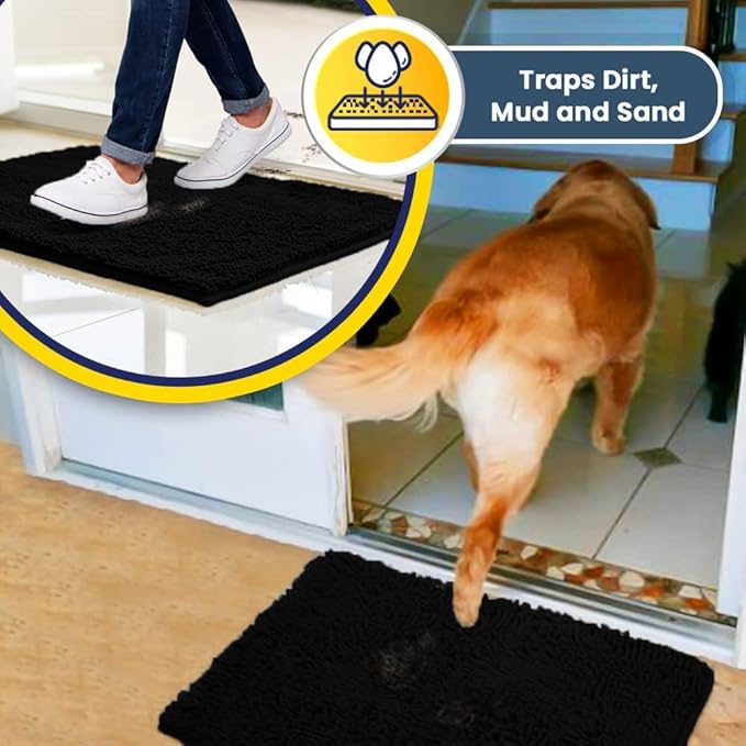 Muddy Mat® Original Dog Door Mat for Muddy Paws, Super Absorbent Microfiber, Non-Slip Washable Pet Rug, Quick Dry Chenille Entryway Carpet, Machine Washable Indoor Outdoor mat, Black 36"x120"
