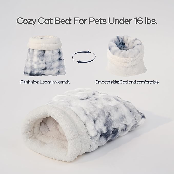 Cat Sleeping Bed for Indoor Cats Self Warming Cat Bag Fits up to 15 lbs Pets Soft Plush Warm Bed 360° Wrap Bag Washable Comfortable Pet Sleeping Bed 21" × 17" Blue White