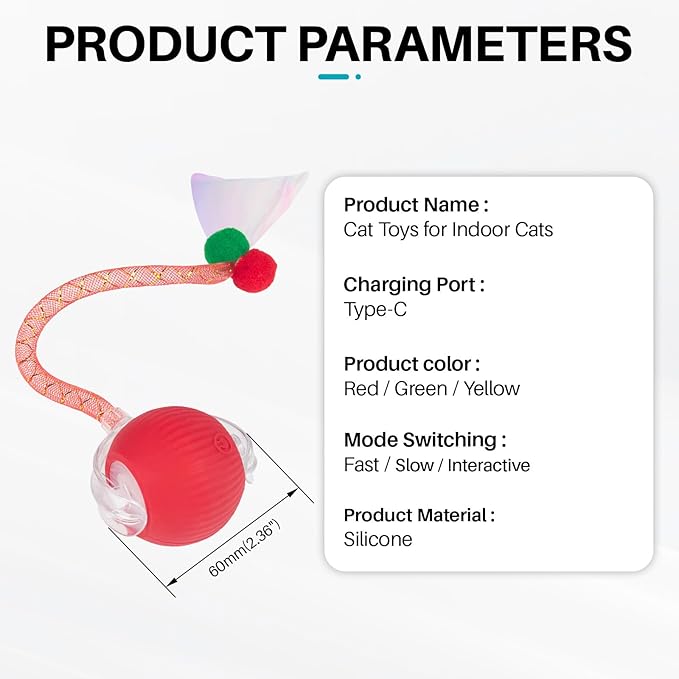 Interactive cat Toy cat Toys for Indoor Cats Agile Moving Cat Ball with Elastic Mesh Tail Automatic Kitten Toys Motion Activated Ball (Red)