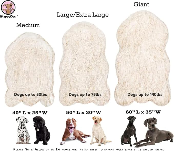 IHAPPYDOG Luxury Faux Fur Orthopedic Dog Bed, Memory Foam Dog Bed for Small, Medium, Large and XL Pets, Fluffy Pet Bed with Waterproof and Washable Cover (White w/Brown Tips, 50"x30")