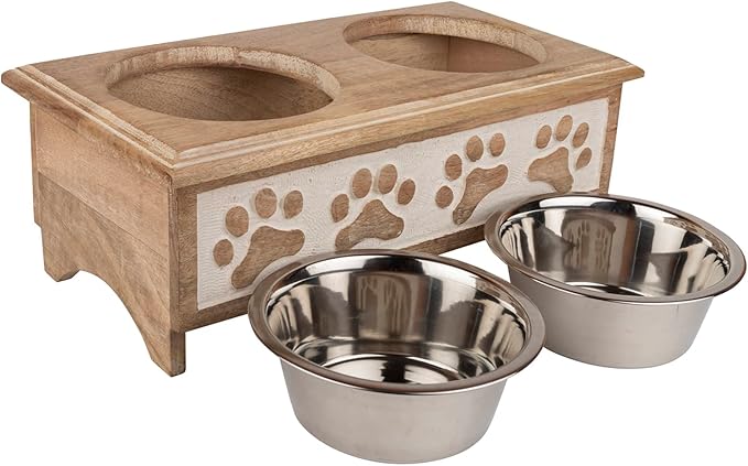 GoCraft Raised Dog Bowls for Small Dogs – Whitewashed Wooden Elevated Feeder Stand in Modern Farmhouse Style with 2 Stainless Steel Bowls for Pet Food & Water