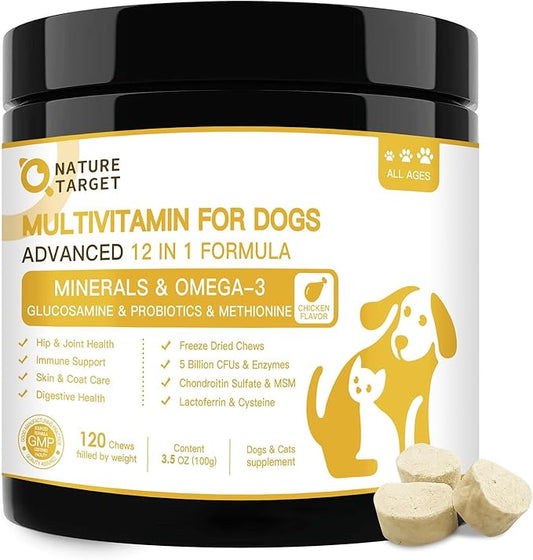 NATURE TARGET Dog Multivitamins for Overall Health with Minerals, Immune Support, Digestive Health, Joint, Hip, Skin & Coat Care with Probiotics, Glucosamine, Enzymes, 120 Freeze Dried Chews