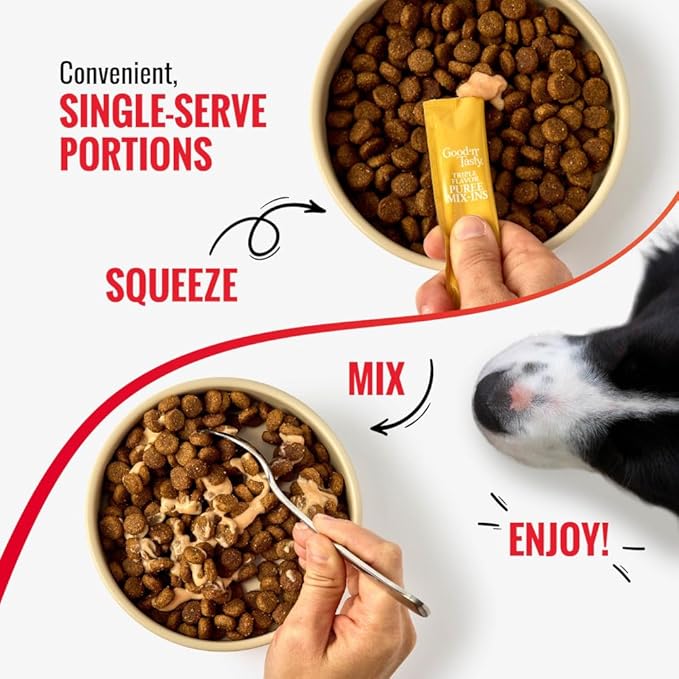 Good 'n' Tasty Triple Flavor Puree Mix-Ins Dog Food Topper Treats for All Dogs, 7 Count, Easy Single-Serve Portions, Added Protein with Chicken, Salmon and Duck