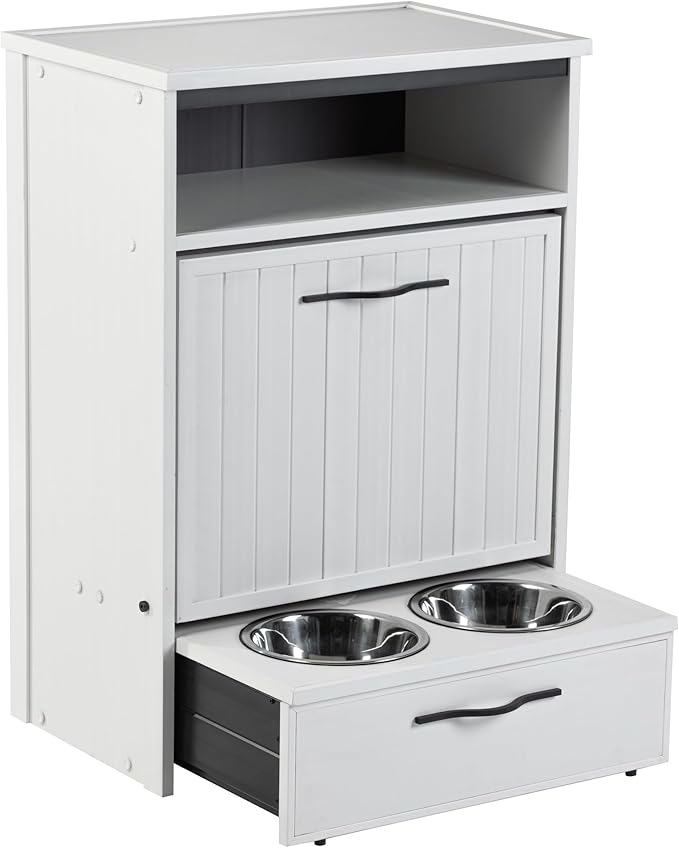 New Age Pet ECOFLEX Dog Food Pantry and Feeding Station - Antique White, Includes 2X 32oz Stainless Steel Bowls, Moisture Resistant, Easy Assembly, Holds 25 lbs of Dog Food