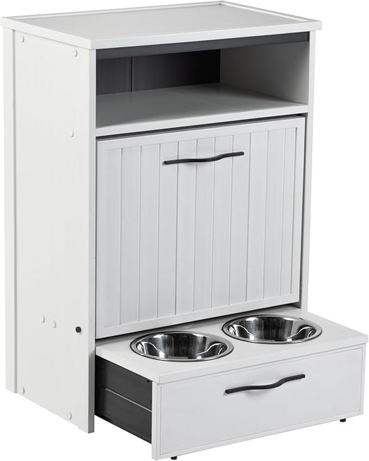 New Age Pet ECOFLEX Dog Food Pantry and Feeding Station - Antique White, Includes 2X 32oz Stainless Steel Bowls, Moisture Resistant, Easy Assembly, Holds 25 lbs of Dog Food