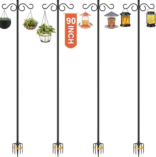 Double Shepherds Hooks for Outdoor,4 Pack 90 Inch Bird Feeder Pole with 5 Prongs Base,Heavy Duty Shepherds Hook,Suitable for Garden in Hanging Flower Basket,Lantern,Bird Nests (4 Pack 90 inch)