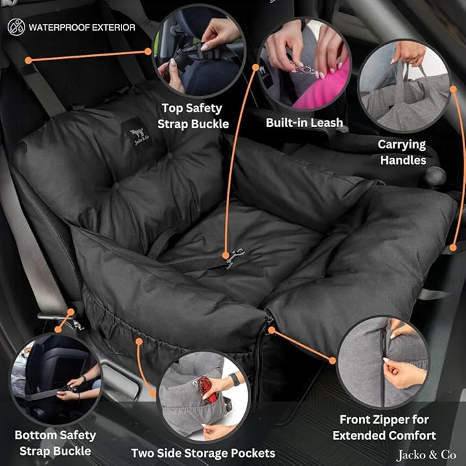 JACKO & CO Premium Dog Car Seat – Safe & Cozy Travel Bed and Carrier for Small Dogs, Puppies, Pets up to 25 lbs, Clip-On Leash & Storage Pockets, Water-Resistant, Machine Washable (Black, Small)