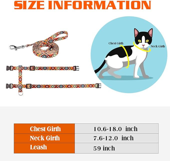 Cat Harness and Leash Set Geometric Pattern Escape Proof Adjustable for Kitty Outdoor Walking(Orange)