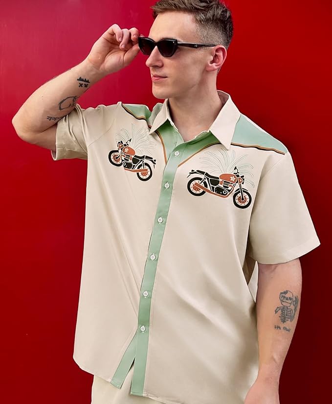 Men’s Hawaiian Shirt Western Cowboy Symmetrical Print Short Sleeve Button Down Casual Beach Holiday Summer Shirt