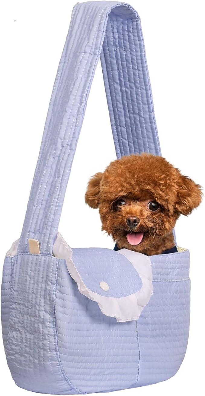Pet Sling Carrier for Small Dogs ANG cat 3-8 lbs, Breathable Cotton Dog or Cats Purse Carrier with Storage Pocket,for mom Gifts,Hand Free Travel Chest Cat Sling Light Blue (Blue)