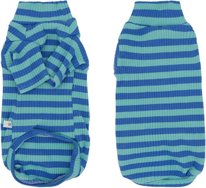 Striped Waffle Knit Shirt for Sphynx Cat, 2-Leg Long Sleeve Lightweight Outfit for Hairless Cats, Soft All-Season Pet Clothes (Blue, Large (5-7 lbs))