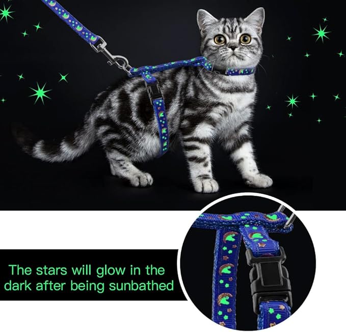 Cat Harness and Leash Set Gold Moons Soft Nylon Escape Proof Adjustable for Kittens Small Animals Glow in The Dark(Blue)