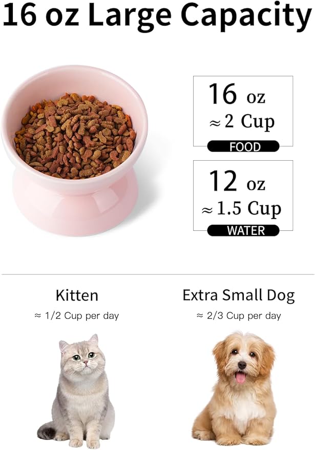 Cat Water Bowl, 16 OZ Ceramic Elevated Cat Bowls, 15° Tilted and Raised Pet Food Dish, Anti Vomiting Protect Pets' Spines and Whisker Fatigue